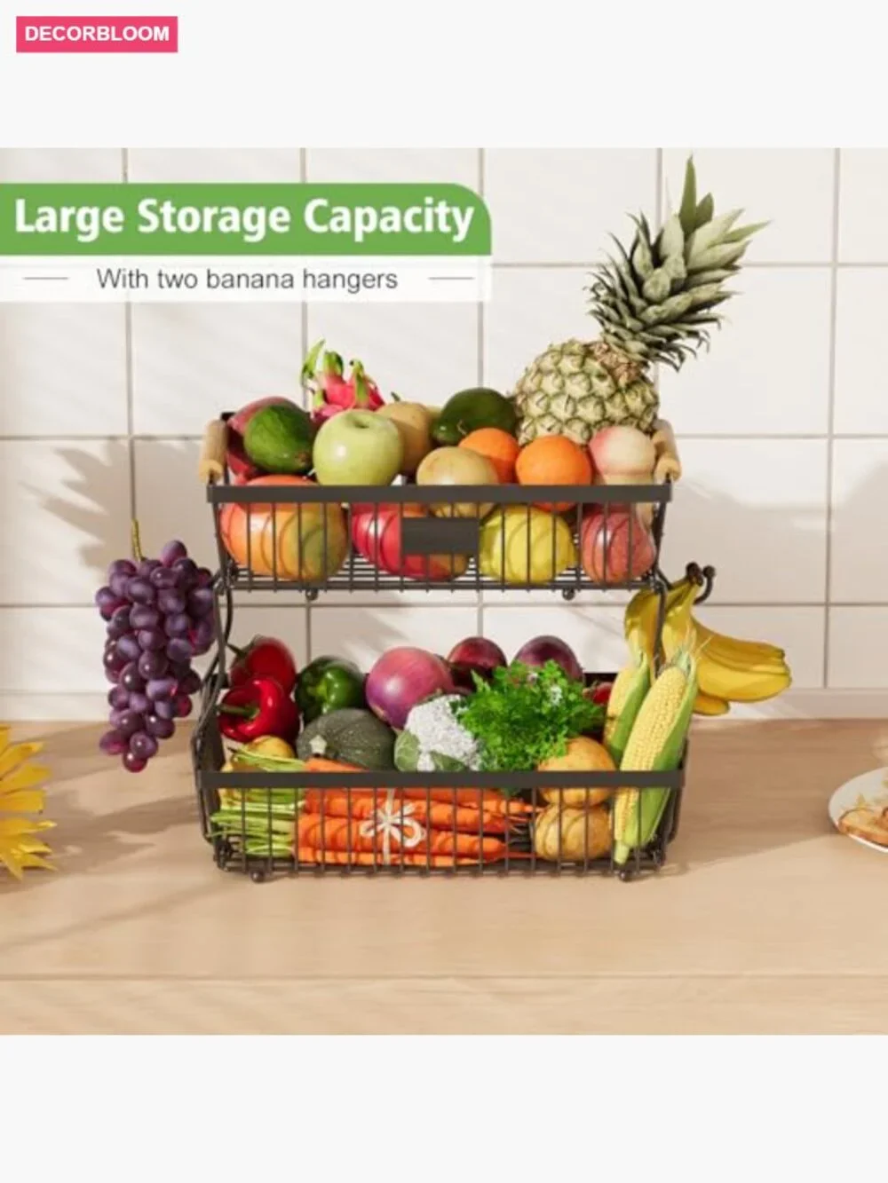 2 Tier Fruit Basket with Banana Hangers, Countertop Metal Storage Stand
